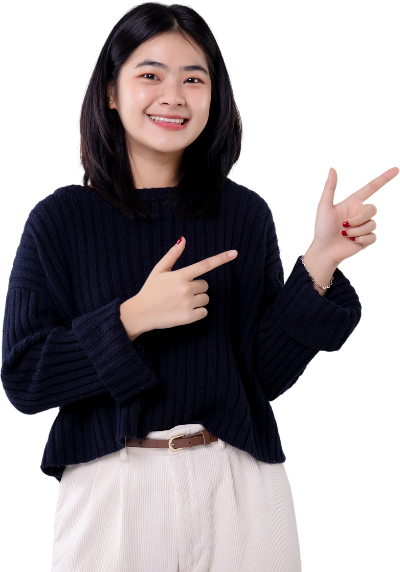 Young modern Asian woman pointing finger on isolated.